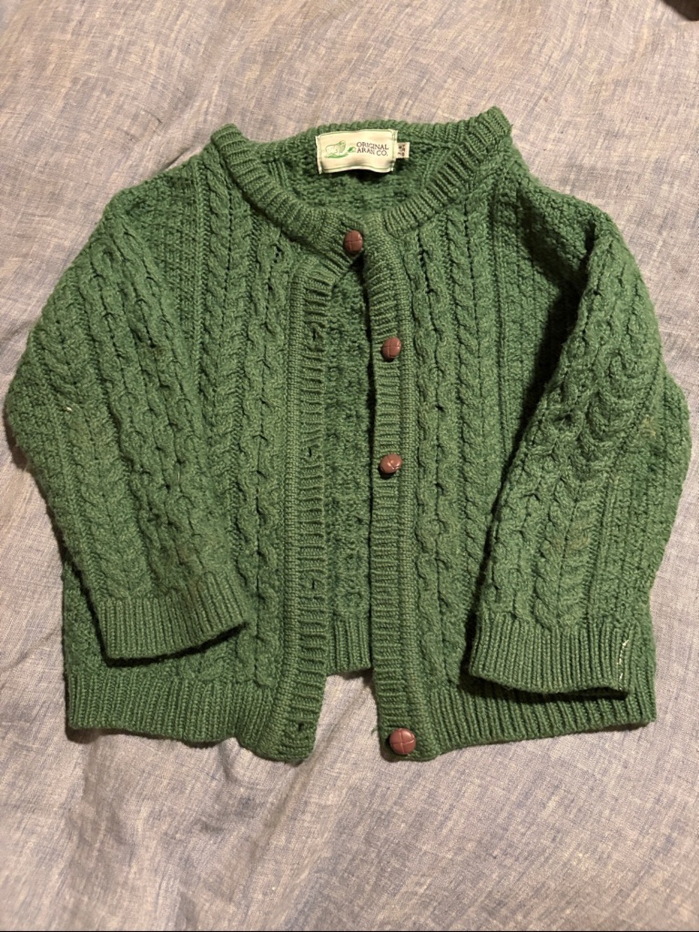 Original Aran Co 100% merino wool Children's Green Cable-Knit Cardigan